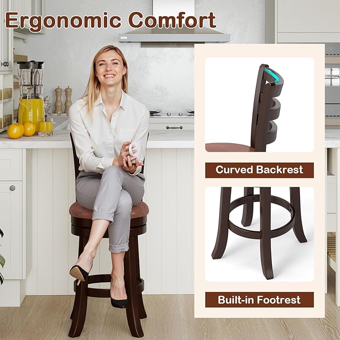 Giantex Swivel Bar Stools Set of 2, 26" Upholstered Counter Height Bar Chairs w/High Backrest, Faux Leather Seat, Solid Rubber Frame & Wrap-Around Footrest, Wooden Barstools for Kitchen Island, Pub