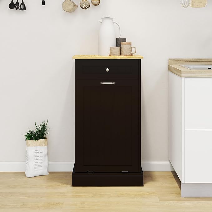 Ball & Cast Tilt-Out Trash Cabinet With One Drawer - Multifunctional White Hidden Garbage Can for Kitchen, Bathroom and Living Room - Wooden, Black