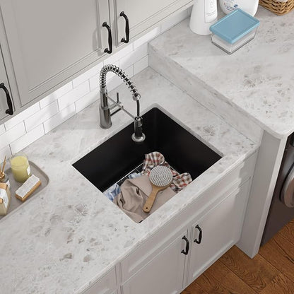 21"x18"x12" Undermount Laundry Sink - 12" Deep Granite Composite Laundry Room Sink, Matte Black Classic Quartz Under Counter Single Bowl Extra Deep Utility Sinks #TLGU-145