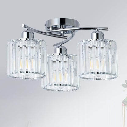 Crystal Close to Ceiling Light Fixtures,3-Light Chrome Modern Semi Flush Mount Ceiling Light,Kitchen Light Fixture with Clear Crystal Shades,Hallway Lighting Fixture for Entryway Bedroom Bathroom