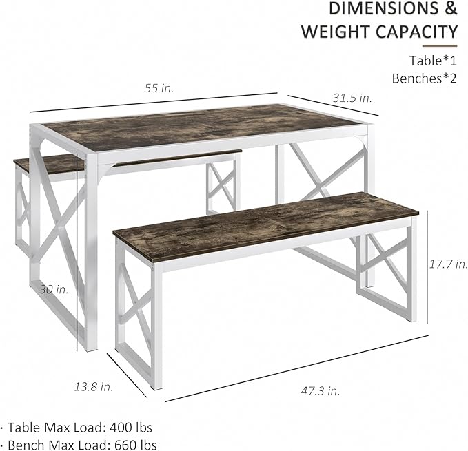 VECELO Kitchen Dining Table Benches Set for 4/6, 55" Wooden Dinette with 2 Benches, Large Embedded Desktop for Small Space, Breakfast Nook, Dark Brown