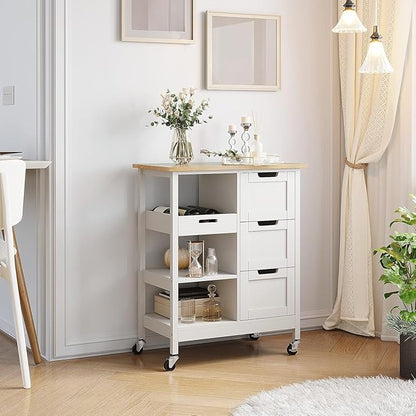 YITAHOME Small Solid Wood Top Kitchen Island Cart on Wheels with Storage, Rolling Portable Dining Room Serving Utility Carts Mobile Movable with 3 Drawers Cabinet, Oak & White