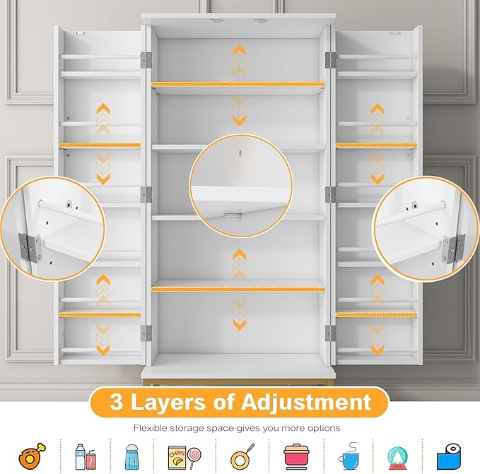 kepptory 51” Kitchen Pantry Storage Cabinet, White Freestanding Pantry Cabinets with Doors and Adjustable Shelves, Buffet Cupboards Storage Cabinet for Home Office Use, Dinning Room(White + Gold)