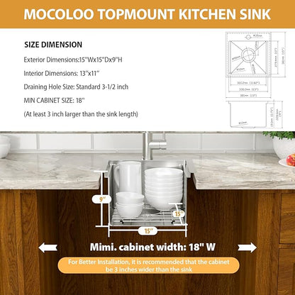 Mocoloo 15 Inch Bar Sink with Faucet, 16 Gauge Drop in Workstation Sink - 15x15x9" Stainless Steel Single Bowl Small Rv Kitchen Sink with Pull-Out Faucet