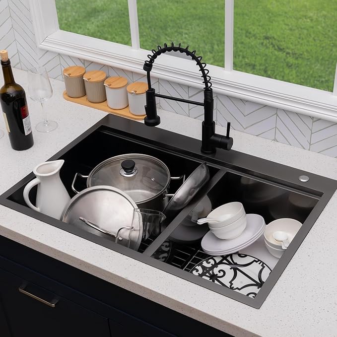 60/40 Drop In Double Bowl Kitchen Sink Black, 33x22 Inch Gunmetal Black Drop In Kitchen Sink Ledge Workstation 16 Gauge Stainless Steel Topmount Dual Basin with Cutting Board