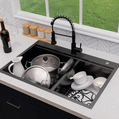 60/40 Drop In Double Bowl Kitchen Sink Black, 33x22 Inch Gunmetal Black Drop In Kitchen Sink Ledge Workstation 16 Gauge Stainless Steel Topmount Dual Basin with Cutting Board