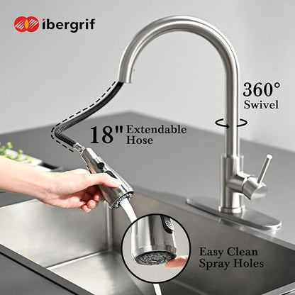 Ibergrif Kitchen Faucets with Pull Down Sprayer, Single Handle High Arc Brushed Nickel Stainless Steel 1 or 3 Hole Kitchen Sink Faucet with Deck for RV Laundry Farmhouse Bar