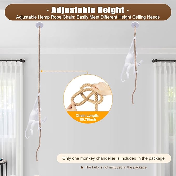 Vintage Monkey Chandelier, Retro Resin Hemp Rope Monkey Pendant Light Fixture, Hanging Ceiling Lamp E26 for Dining Living Room Bedroom Bar Cafe-White