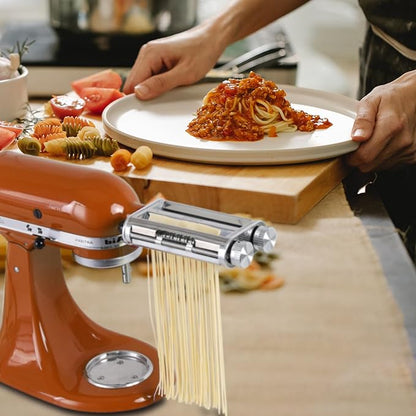 Pasta Maker Attachment for KitchenAid Stand Mixers, 3-in-1 Stainless Steel Pasta Roller & Cutter Set with Spaghetti and Fettuccine Blades, Includes 1 Metal Knob Screw Replacement
