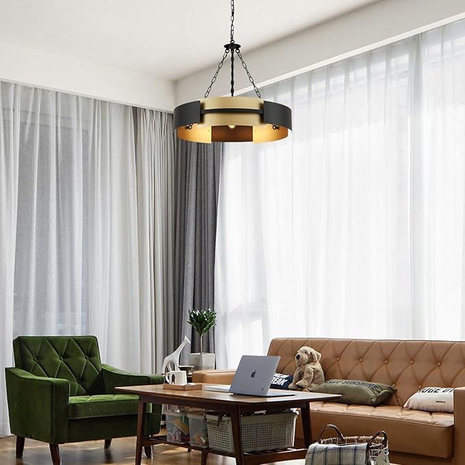 Modern Chandelier 26" Industrial Light Fixture Black and Gold 5-Light Large Drum Pendant Lighting for Dining Room Kitchen Island Office Living Room