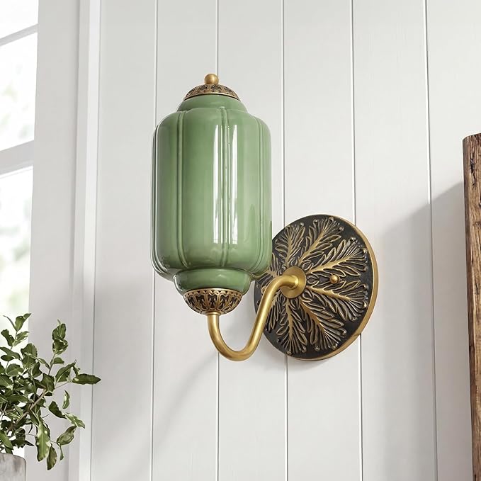 Vintage Milk Green Glass Wall Sconce - Milk Glass Shade Antique Brass Indoor Wall Light for Bedroom, Living Room, and Hallway