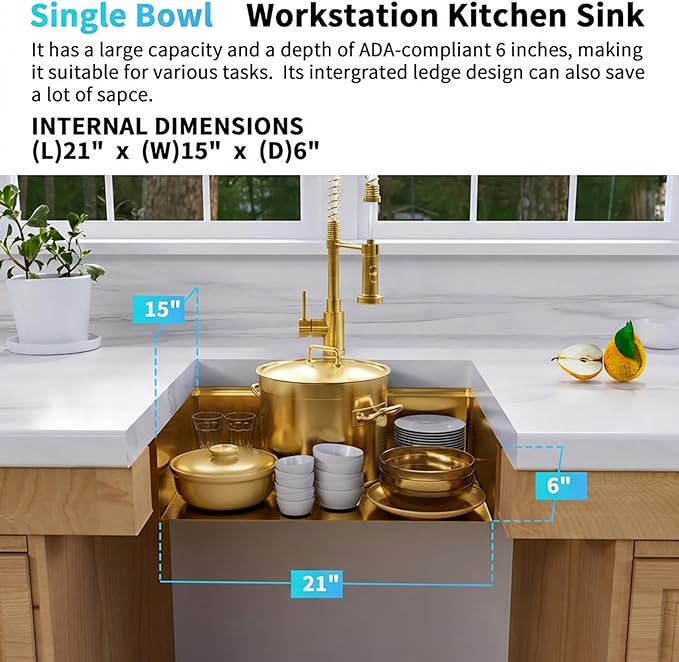 Gold Kitchen Sink Undermount 23 Inch,16 Guage Stainless Steel Workstation Sinks with Ledge & Accessories, 23" x 18" x 6" ADA-Compliant Single Bowl Small Kitchen Sink, 6 Inch Deep Gold Sink