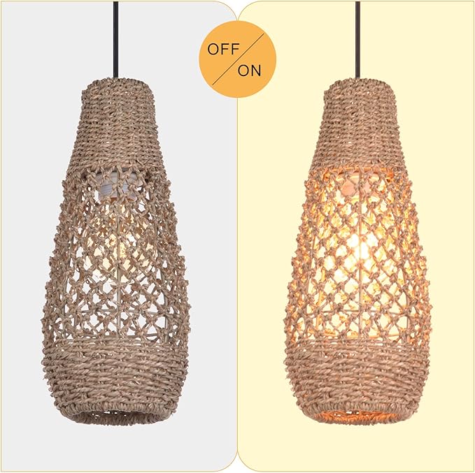 Arturesthome 1 Light Boho Rattan Pendant Light Fixtures, Mini Farmhouse Natural Chandelier Pendant Light, Retro Wicker Hanging Lamp for Kitchen Island