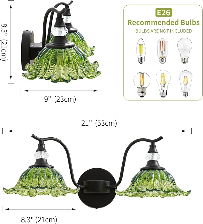 Vintage Bathroom Vanity Light Fixtures - 2 Light Antique Matte Black Bathroom Lights Fixture Over Mirror with Green Flower Glass,Retro High End Wall-Mounted Vanity Lighting for Bath Powder Room