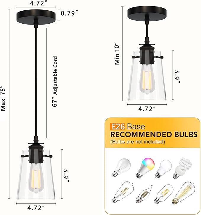 3Pack Pendant Lights Kitchen Island, Modern Industrial Pendant Light Fixtures with Glass Shade, E26 Socket Adjustable Cord for Dining Room, Bedroom, Living Room, Farmhouse Pendant Lighting