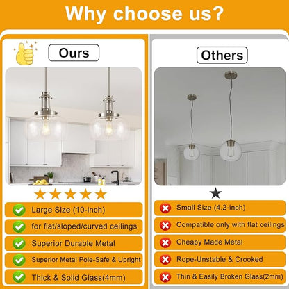 Modern Pendant Lights Kitchen Island, Brushed Nickel Pendant Light Fixtures with 10" Clear Glass Shade, Industrial Hanging Pendant Lights Fixture for Kitchen Island Dining Room Bedroom Foyer Entryway
