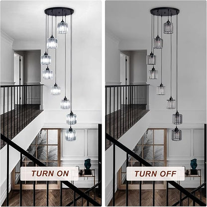 High Ceiling Long Pendant Light Fixtures Modern Crystal Hanging Chandeliers Flush Mount Ceiling Light for Spiral Staircase Entryway Foyer, Black (8-Lights)