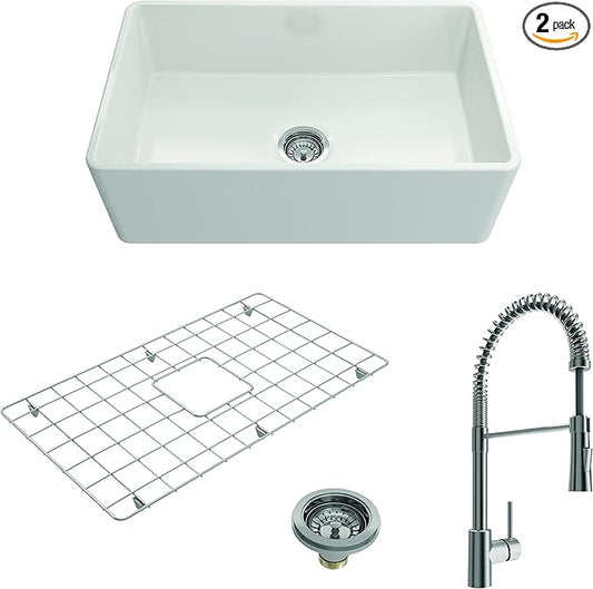 BOCCHI Classico White Apron Front Fireclay 30 in. Single Bowl Kitchen Sink with Protective Bottom Grid, Strainer, and Stainless Steel Faucet
