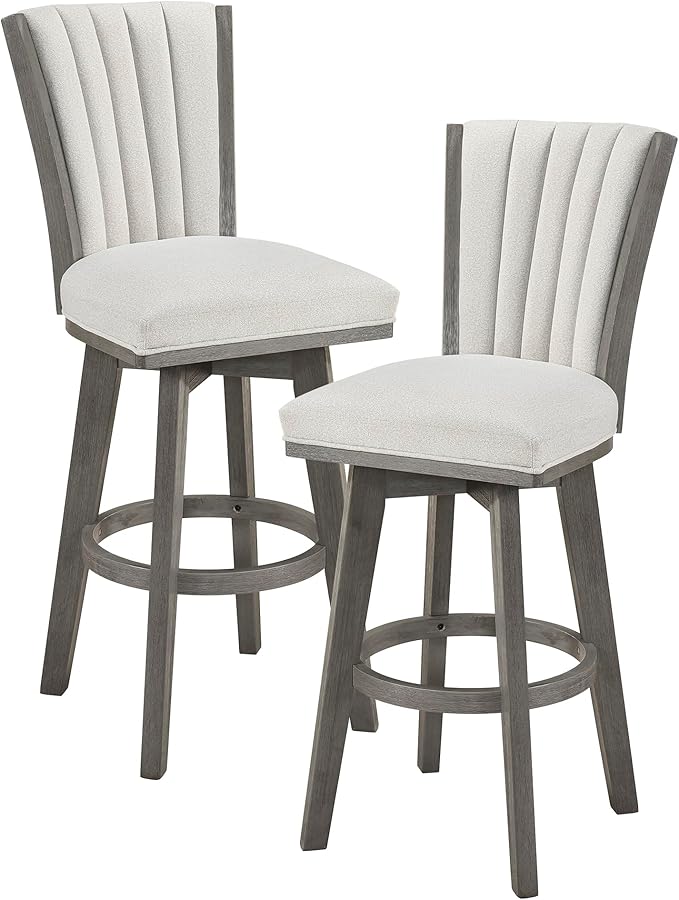 Lexicon Swivel Bar Stools Set of 2, Wood Frame Bar Height Stools with Footrest and Back, for Kitchen Island, Dining Room, 30.5" SH, Grey Finish and Thick Beige Velvet Cushion Seat