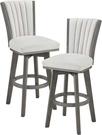 Lexicon Swivel Bar Stools Set of 2, Wood Frame Bar Height Stools with Footrest and Back, for Kitchen Island, Dining Room, 30.5" SH, Grey Finish and Thick Beige Velvet Cushion Seat
