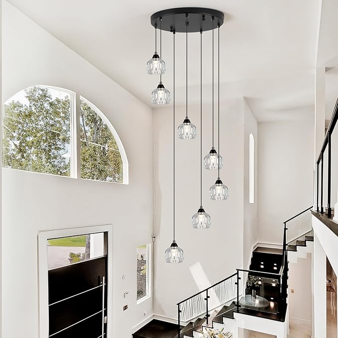 Weesalife Crystal Chandeliers for Staircases, 7-Light Black Modern Chandeliers for High Ceilings，Crystal Pendant Light Fixture for Living Room Kitchen Island Foyer Hallway Bar