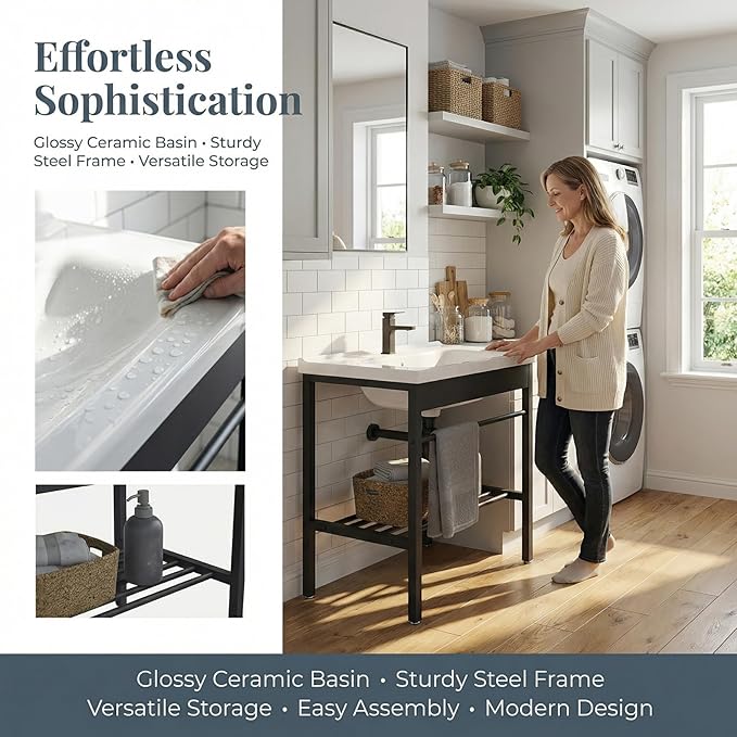 Freestanding Bathroom Console Sink, Bathroom Vanity with Sink, 28.3" x 19" x 32.3" Ceramic Console Sink Set With Bracket, Utility Sink for Laundry Room, Washing Room, Garage, Basement, Outdoor, Indoor