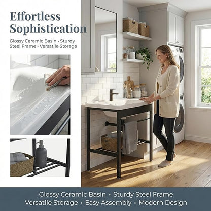 Freestanding Bathroom Console Sink, Bathroom Vanity with Sink, 28.3" x 19" x 32.3" Ceramic Console Sink Set With Bracket, Utility Sink for Laundry Room, Washing Room, Garage, Basement, Outdoor, Indoor