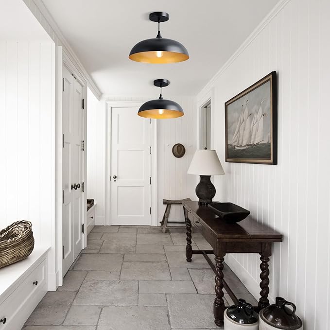 Eustace Ceiling Mounted 14 inch Round Dome Modern Farmhouse Style Chandelier, Matte Black Metal Pendant Light Fixture,Kitchen Island, Dining Room,Bedroom, Hallway