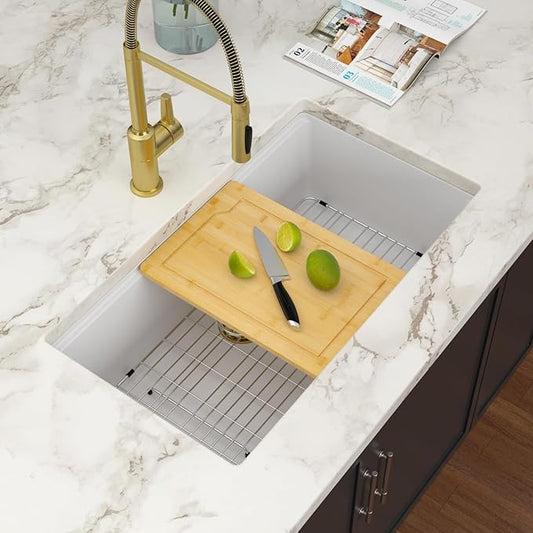 33 Inch White Undermount Kitchen Sink Workstation Granite Composite Quartz Single Bowl Undermount Sinks Large Deep Under Counter Classic Sink Basin, 33"x19"