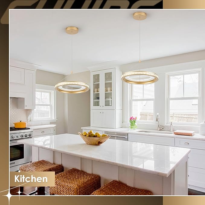 CHYING 3 Pack Modern Gold LED Crystal Pendant Light, 11.8" 24W 3500K Warm White Hanging Pendant Light Kitchen Island, Ring Ceiling Lights for Bedroom Dining Room Hallway