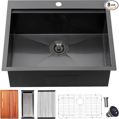 25 Inch Black kitchen Sink Drop in - 25"x22" Topmount Ledge Workstation Kitchen Sinks 16 Gauge Handmade Stainless Steel Single Bowl Sink with All Accessories for Kitchen Laundry Utility