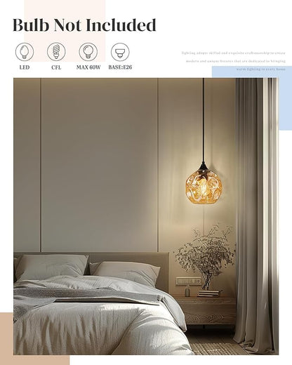 Emliviar 7 Inch Adjustable Mini Chandelier, Round Ceiling Pendant Lighting Fixture with Hammered Glass, Amber Finish, DYE287G2-MIL BK