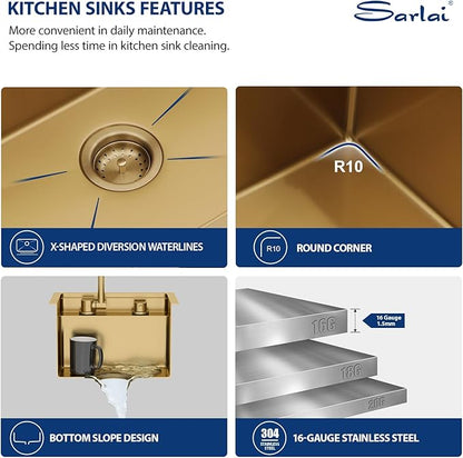 Sarlai Outdoor Sink, 15x17 Inch Gold Undermount Kitchen Sink Workstation with Foldable Faucet Bar Prep Single Bowl Gold Kitchen Sinks16 Gauge Stainless Steel BBQ Sinks with Cover 15"x17"x9“