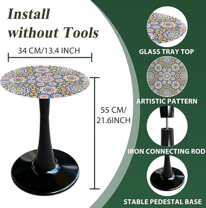Simmer Stone 13.4" Outdoor Side Table, Round Patio Bistro Table Printed Tempered Glass Top, Waterproof Rust-Proof Base, Small Plant Stand for Balcony, Garden, Deck, 21.6" H (Morocco)