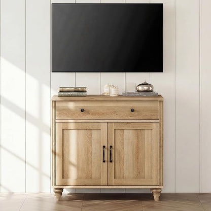 WAMPAT 34’‘ Oak Buffet Cabinet with Doors and Drawer, Wood Kitchen Storage Cabinet Modern Farmhouse Coffee Bar Table Sideboard Credenza for Dining Room