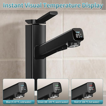 HANLIAN Single Handle Vessel Sink Faucet with Pull Out Sprayer, Tall Single Hole Bathroom Faucet with Digital Temperature Display, 3 Modes High Bathroom Vanity Faucets 1 Hole with Rotating Spout