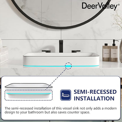 DeerValley Vessel Sink Rectangular, 18.9"x11.61" White Semi Recessed Bathroom Sink with Black Rim Ceramic Porcelain Rectangle Bathroom Vessel Sink Above Counter Vanity Sink Basin DV-1V0235