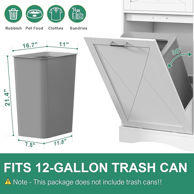 kepptory Tilt Out Trash Can Cabinet for 12 Gallon Trash Can, Modern Kitchen Island Cabinet with Adjustable Shelf and 2 Drawers for Hidden Laundry Basket, Dog Proof Garbage Can, White