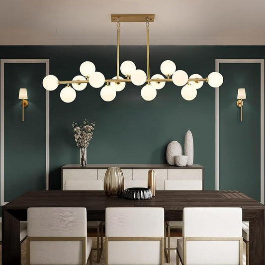 Mid Century Modern Chandelier 55in Linear Gold Pendant Lighting Fixture Linear Chandeliers for Kitchen Island, Dining Room 16-Light