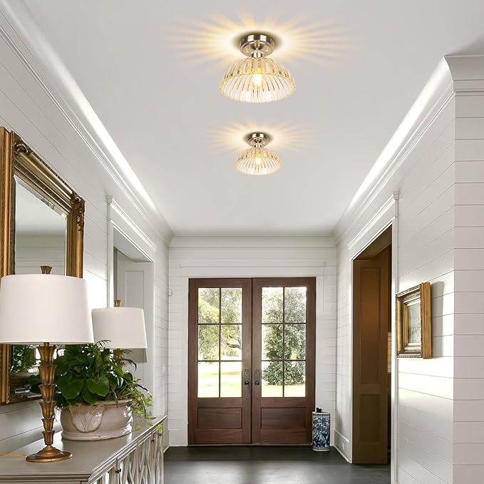 JYZ Semi Flush Mount Ceiling Light, Brushed Nickel Ceiling Light Fixture with Ribbed Glass Shade, Vintage Light fixtures for Hallway, Entryway, Bathroom, Kitchen, Bedroom