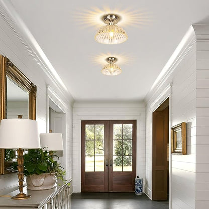 JYZ Semi Flush Mount Ceiling Light, Brushed Nickel Ceiling Light Fixture with Ribbed Glass Shade, Vintage Light fixtures for Hallway, Entryway, Bathroom, Kitchen, Bedroom