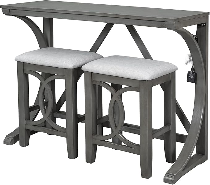 Rustic Dining Table Set, Farmhouse 3-Piece Counter Height Dining Table Set with USB Port and Upholstered Stools for Small Places (Gray/Farmhouse-A)