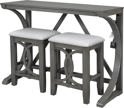 Rustic Dining Table Set, Farmhouse 3-Piece Counter Height Dining Table Set with USB Port and Upholstered Stools for Small Places (Gray/Farmhouse-A)