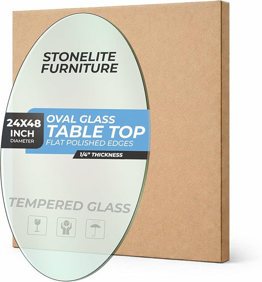 24x48" inch Oval Tempered Glass Table Top - 1/4 inch Thickness & Flat Polished Edge - Clear Surface & Scratch Resistant - Ideal for Dining Room, Kitchen, Side, Office, Patio & Round Coffee Tables