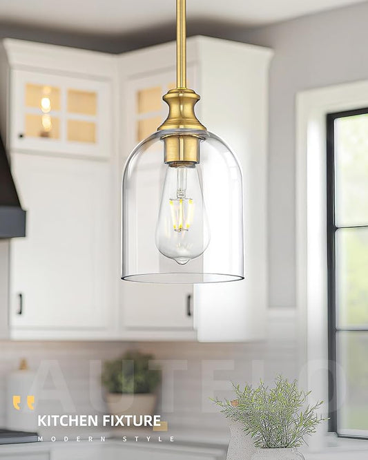 Autelo Gold Pendant Lights, 1-Light Pendant Lights Kitchen Island in Brushed Gold Finish with Clear Cylinder Glass, Vintage Pendant Light Fixtures, Vintage Hanging Lights for Kitchen Island H2511 CLBG