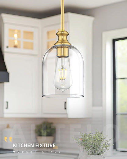 AUTELO 2-Pack Brushed Gold Pendant Lights Kitchen Island, Island Pendant Lights for Kitchen with Clear Cylinder Glass, Glass Pendant Lights with Adjustable Rods, H2511 CLBG 2PK