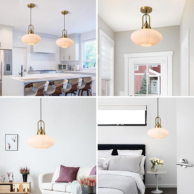 12 Inch Milk Glass Pendant Lights Vintage Chandelier Pendant Lighting Modern Mid Century Hanging Lights Adjustable Kitchen Island Light for Dining Room Bedroom Hallway
