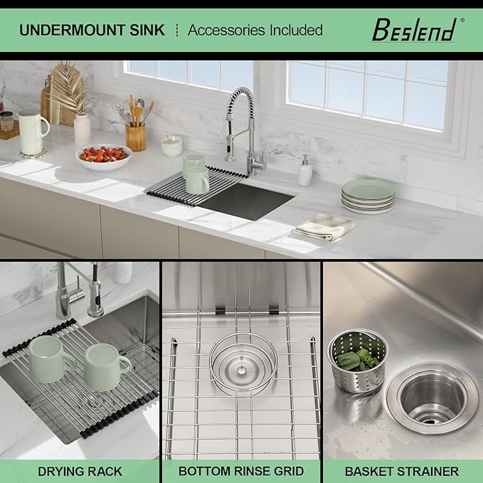 28 Inch Undermount Kitchen Sink - Beslend 28x18x10 Inch Undermount Stainless Steel Kitchen Sink 16 Gauge Single Bowl Round Corner Under Counter Single Basin