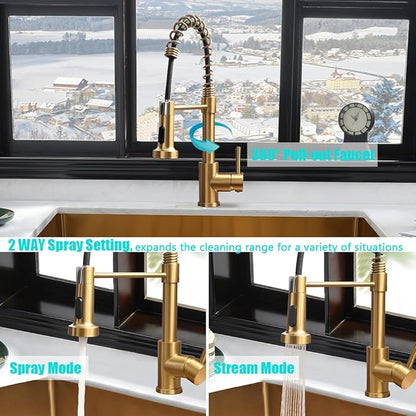 33 Inch Gold Kitchen Sink with Faucet Combo-iAnomla 33x19 Undermount Sinks Stainless Steel Brushed Gold Deep Single Bowl Kitchen Sink and Faucet Combo Set