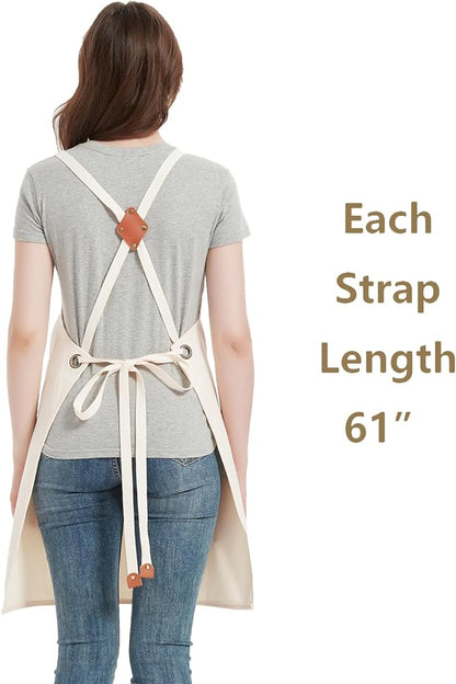 AFUN Chef Aprons for Women Men with Oversized Pockets, 12-Ounce Cotton Canvas Cross Back Water Repellent Apron (Cream)